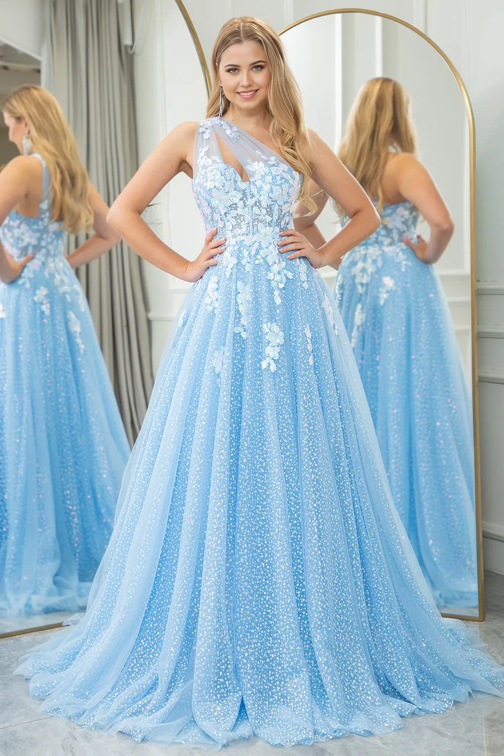 Wholesa A Line One Shoulder Long Tulle Light Blue formal dresses evening gown Prom Dress With Appliques