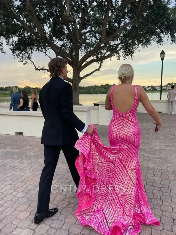 Wholesa Mermaid Sparkly Elegant Hot Pink Sequins Long formal dresses Bridesmaid Dresses evening gown Prom Dress