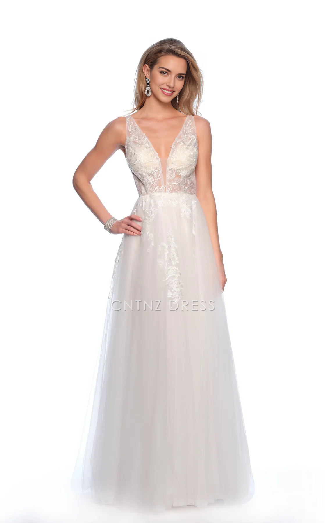 CNTNZ DRESS Beautiful Plunging A Line Deep V Neck Sleeveless Backless Floor-Length Elegant Hot Sale Wedding Dress