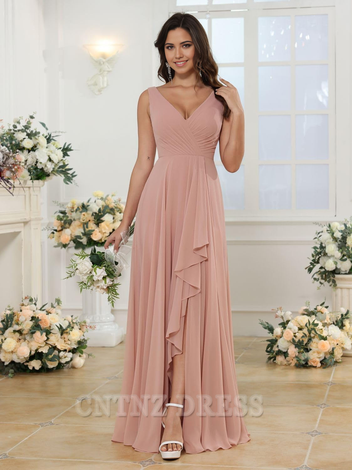 Wholesa A-line V Neck Slit Chiffon formal dresses Bridesmaid Dresses evening gown Prom Dress with Pockets