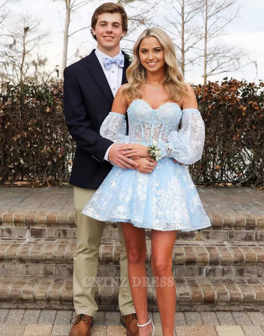 Wholesa A-Line Sweetheart Light Blue Homecoming Dress formal dresses Bridesmaid Dresses evening gown Prom Dress With Detachable Sleeves