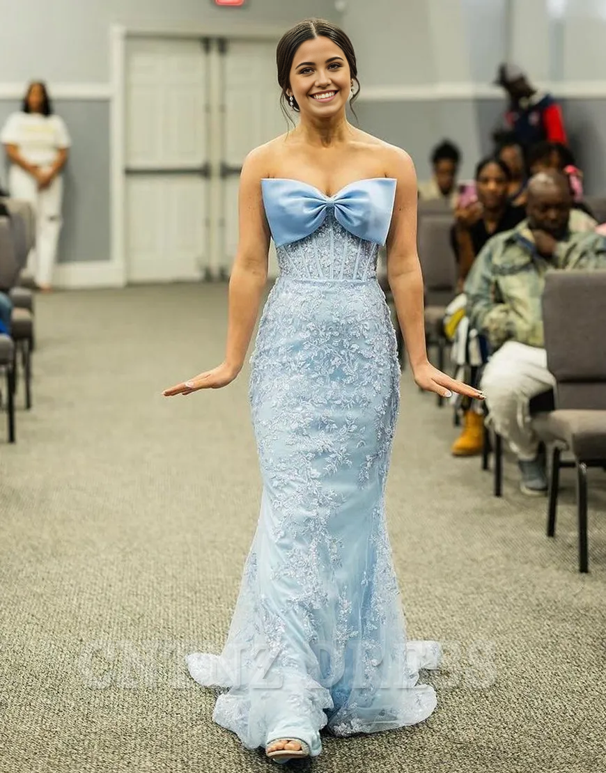 Wholesa Mermaid Sparkly Strapless Corset Appliques Sky Blue Long formal dresses Bridesmaid Dresses evening gown Prom Dress with Bow
