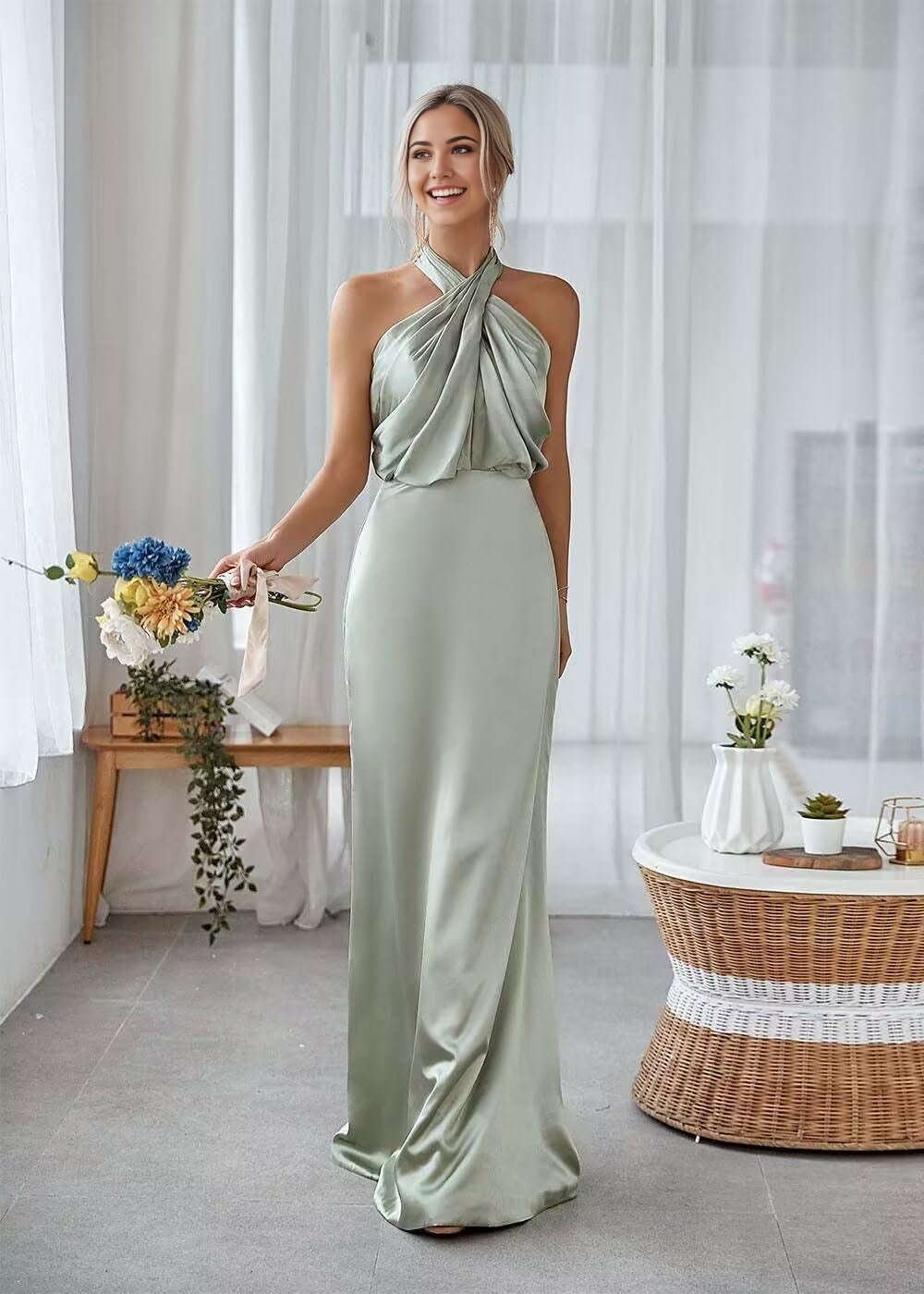 Wholesa Sheath Halterneck Satin Pleated Floor Length formal dresses Bridesmaid Dresses evening gown Prom Dress