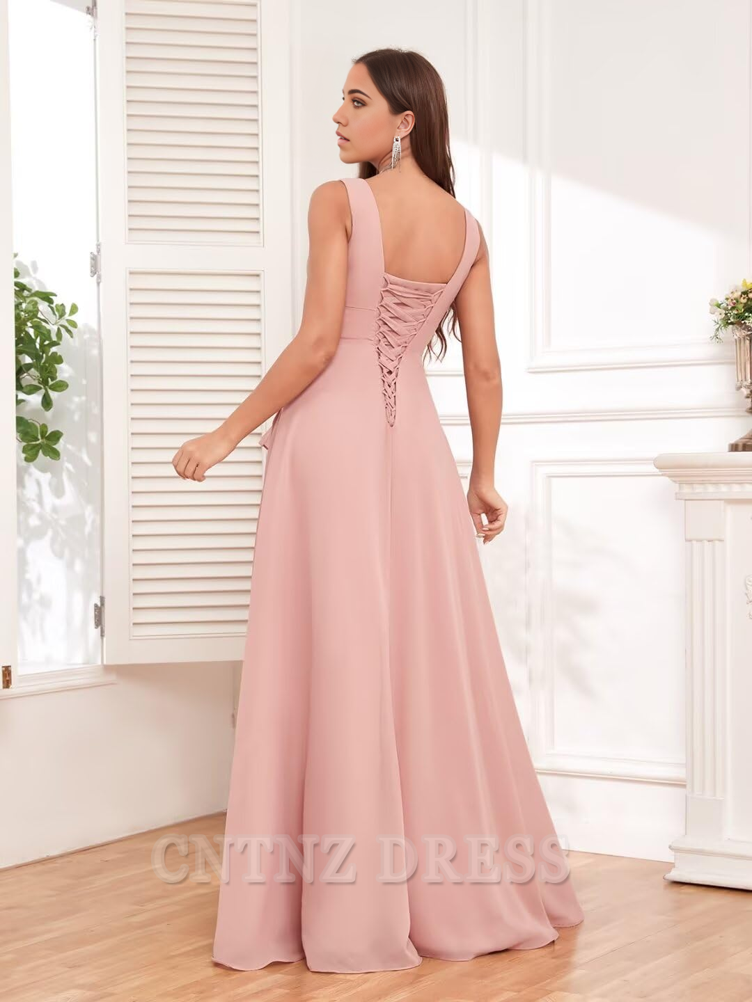 Wholesa A-line V Neck Ruffle Pleated Chiffon formal dresses Bridesmaid Dresses evening gown Prom Dress with Slit
