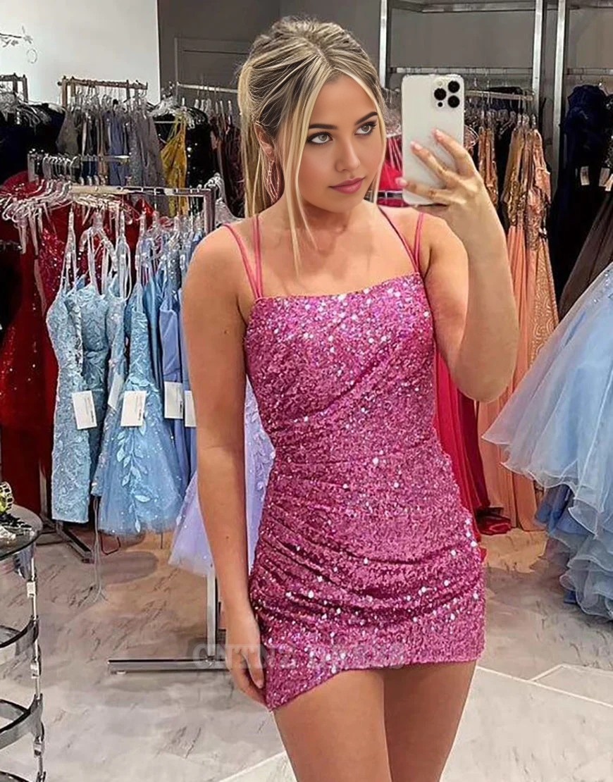 Wholesa Sheath Square Neck Glitter Sequin Spaghetti Straps Homecoming Dress formal dresses Bridesmaid Dresses evening gown Prom Dress With Pleating