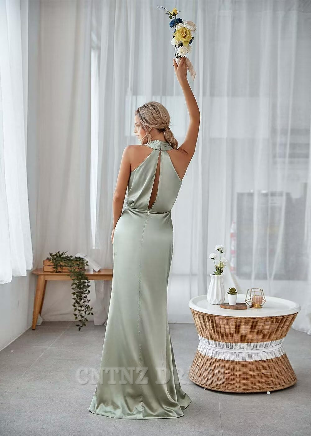 Wholesa Sheath Halterneck Satin Pleated Floor Length formal dresses Bridesmaid Dresses evening gown Prom Dress