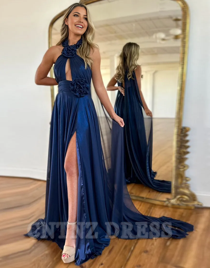 Wholesa A-Line Halter Flowers Navy Long formal dresses evening gown Prom Dress with Slit