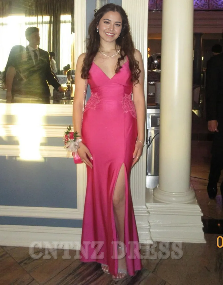 Wholesa Mermaid Spaghetti Sparkly Straps Appliques Fuchsia Long formal dresses evening gown Prom Dress with Slit