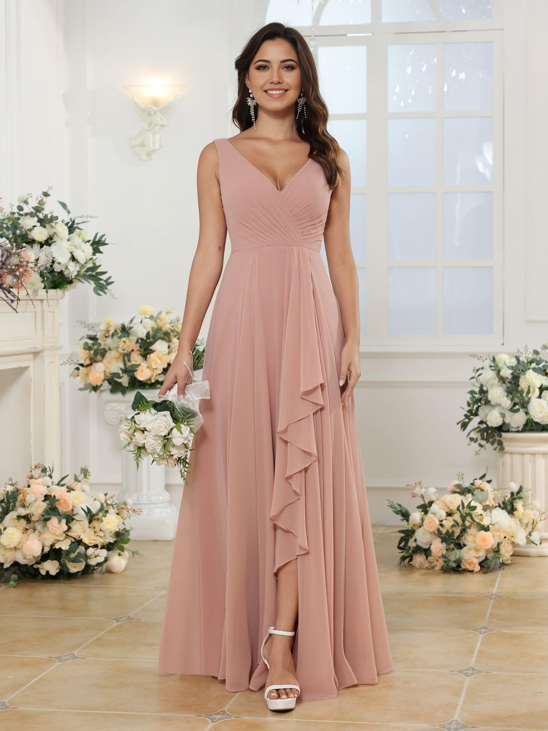 Wholesa A-line V Neck Slit Chiffon formal dresses Bridesmaid Dresses evening gown Prom Dress with Pockets