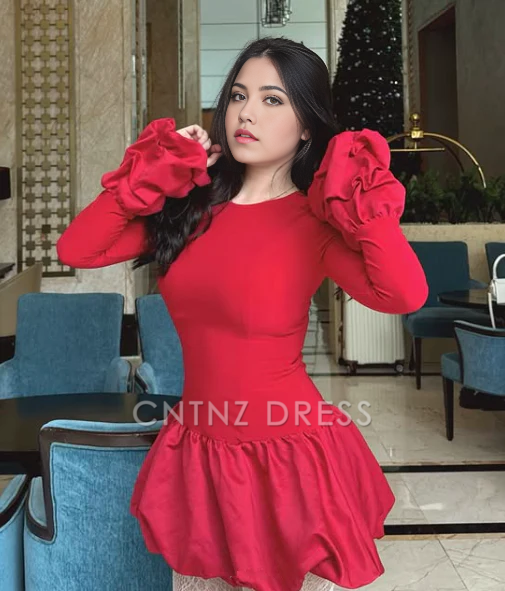 Wholesa A Line Crew Neck Red Long Sleeves formal dresses Bridesmaid Dresses evening gown Prom Dress Homecoming Dress