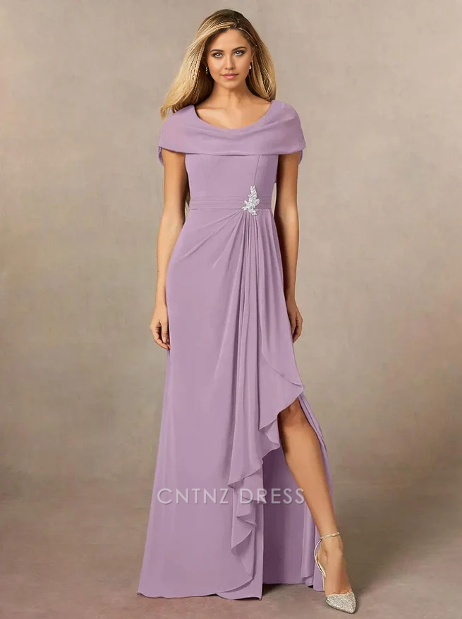 Wholesa A-Line V-Neck Short Sleeves Pleated Floor-Length Wedding Guest Dresses Chiffon Mother of the Bride Dresse