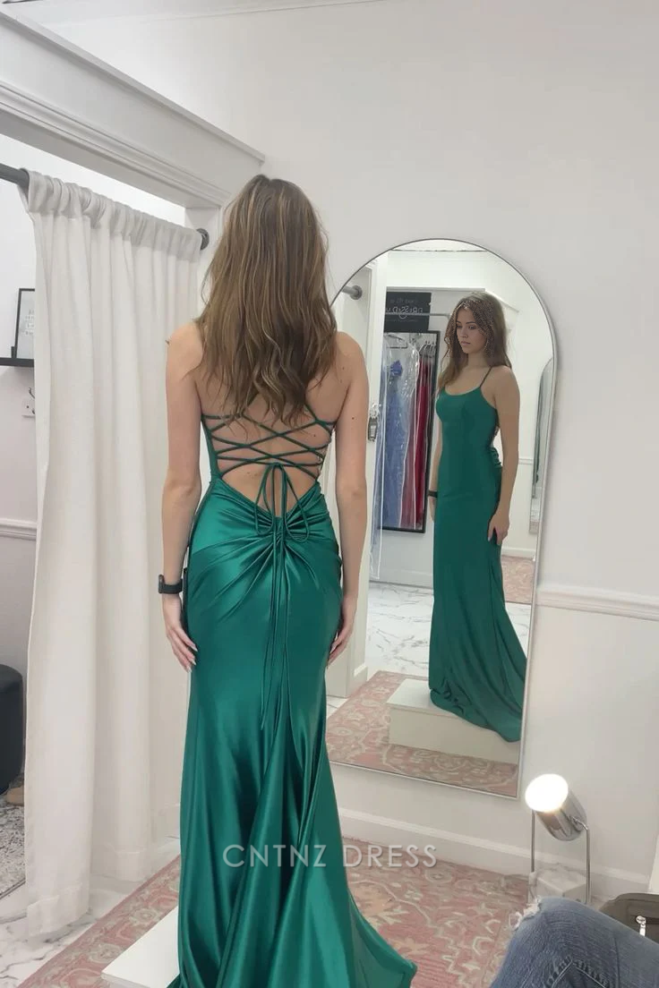Wholesa Mermaid Spaghetti Straps Backless Green formal dresses Bridesmaid Dresses evening gown Prom Dress