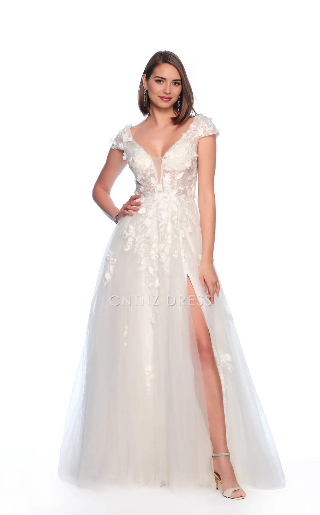 CNTNZ DRESS Beautiful A Line Deep V Neck Cap Sleeve Backless Side Fork Floor-Length Romantic Hot Sale Wedding Dress