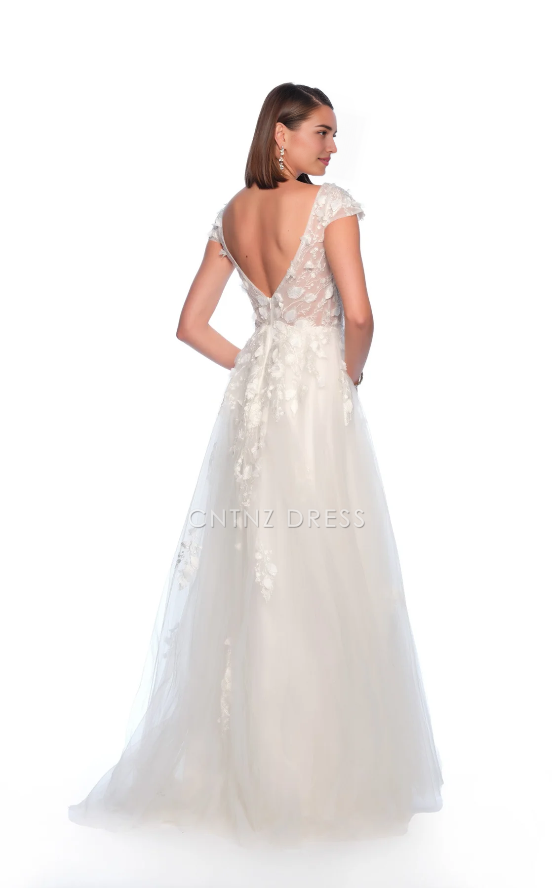 CNTNZ DRESS Beautiful A Line Deep V Neck Cap Sleeve Backless Side Fork Floor-Length Romantic Hot Sale Wedding Dress