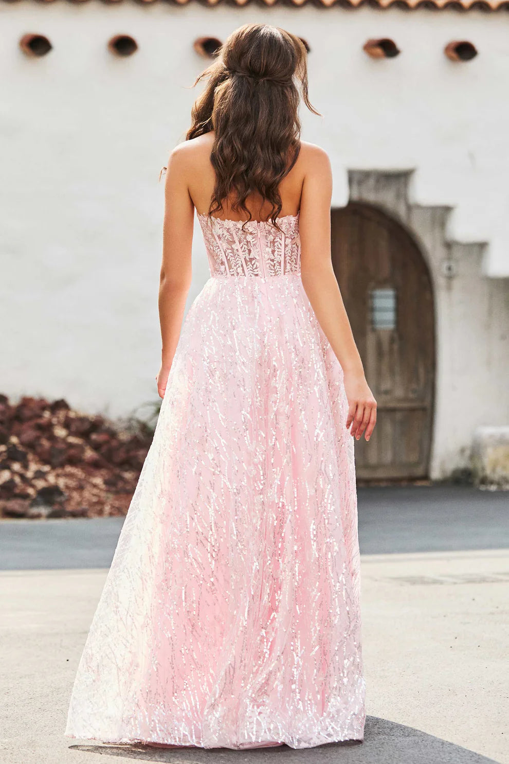 Sequins Cute A-Line Strapless Sweetheart Neckline Sleeveless Lace Applique Backless Floor-Length Discount Sparkle Party Dress Hot Sale Prom Dresses