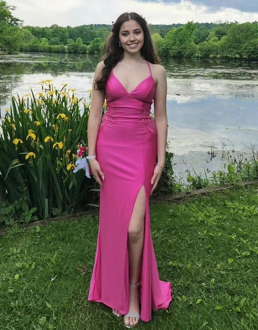 Wholesa Mermaid Spaghetti Sparkly Straps Appliques Fuchsia Long formal dresses evening gown Prom Dress with Slit