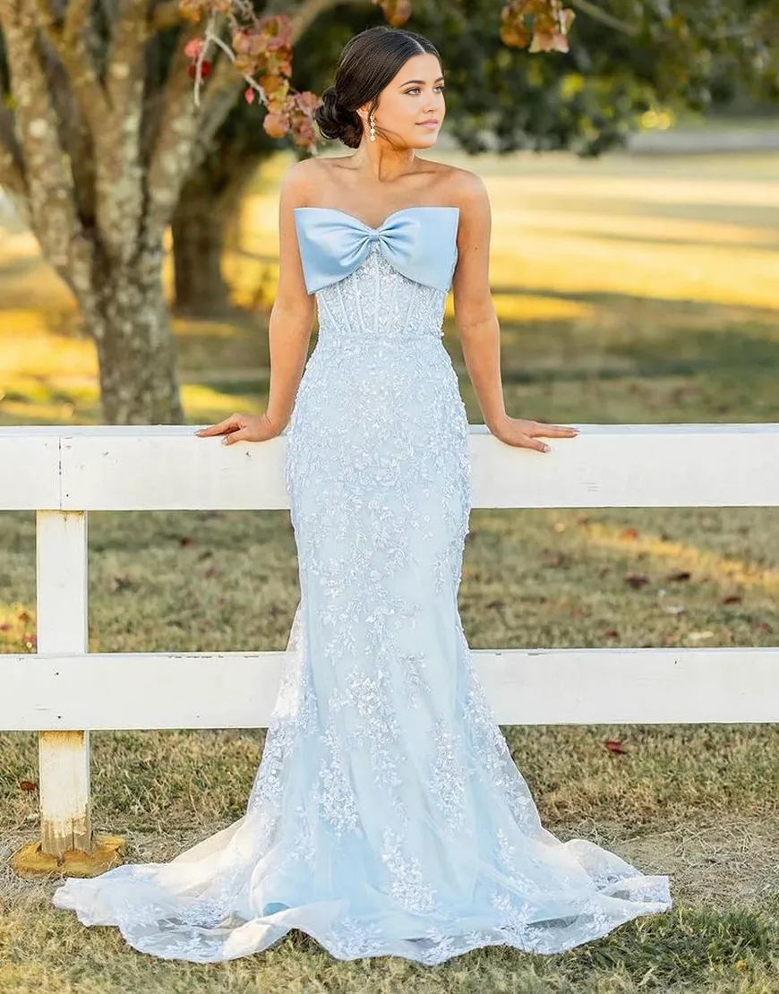Wholesa Mermaid Sparkly Strapless Corset Appliques Sky Blue Long formal dresses Bridesmaid Dresses evening gown Prom Dress with Bow