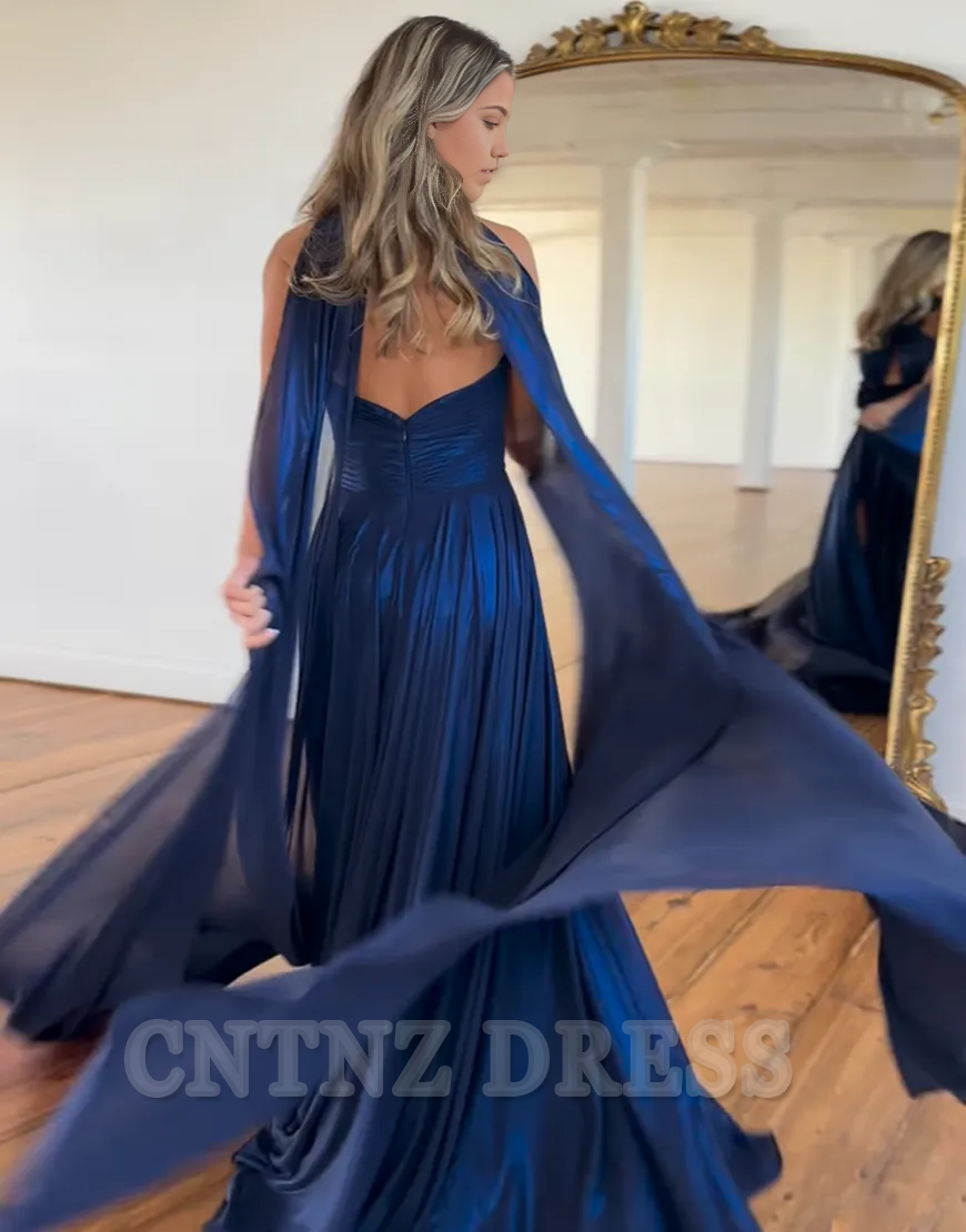 Wholesa A-Line Halter Flowers Navy Long formal dresses evening gown Prom Dress with Slit