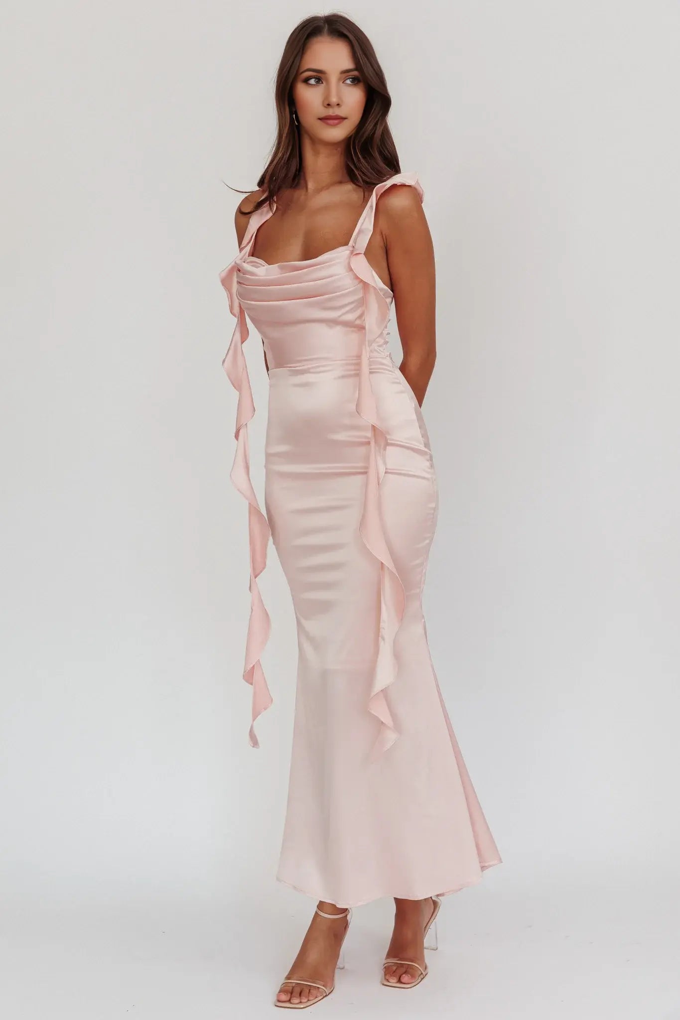 Exquisite Mermaid Adjustable Flounce Ruffle Straps Square Neck Pleating Detail On Bust Backless Chic Long Wedding Guest Dress Hot Sale Prom Dress