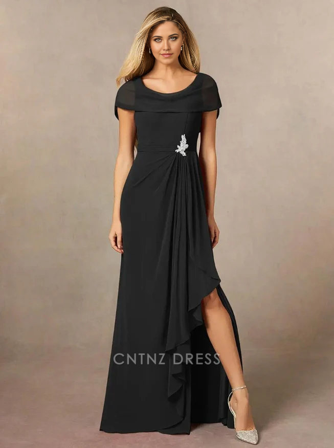 Wholesa A-Line V-Neck Short Sleeves Pleated Floor-Length Wedding Guest Dresses Chiffon Mother of the Bride Dresse