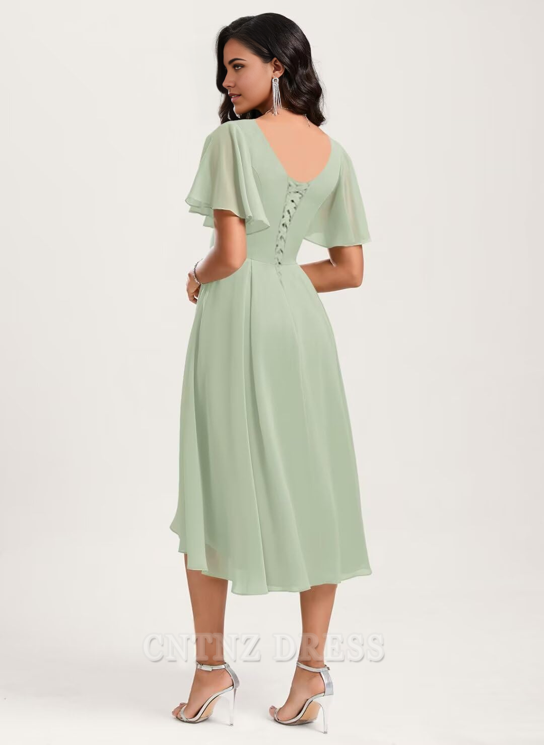 Wholesa A-Line V Neck Short Sleeve Asymmetrical Chiffon formal dresses Bridesmaid Dresses evening gown Prom Dress