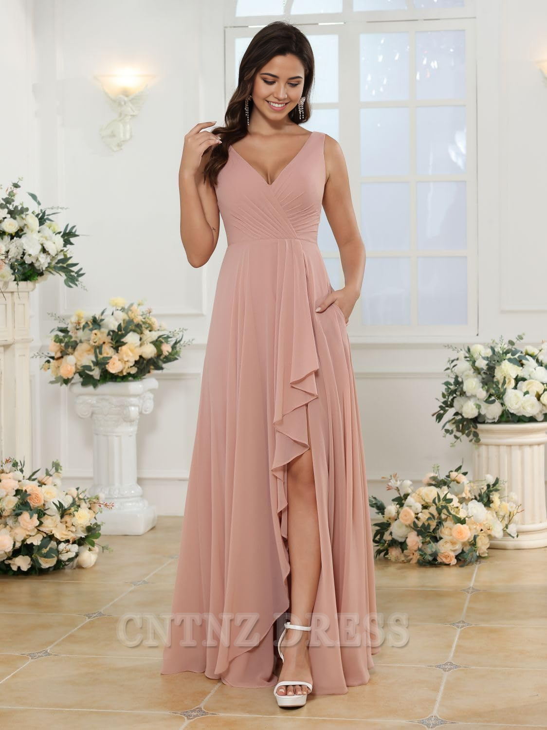 Wholesa A-line V Neck Slit Chiffon formal dresses Bridesmaid Dresses evening gown Prom Dress with Pockets