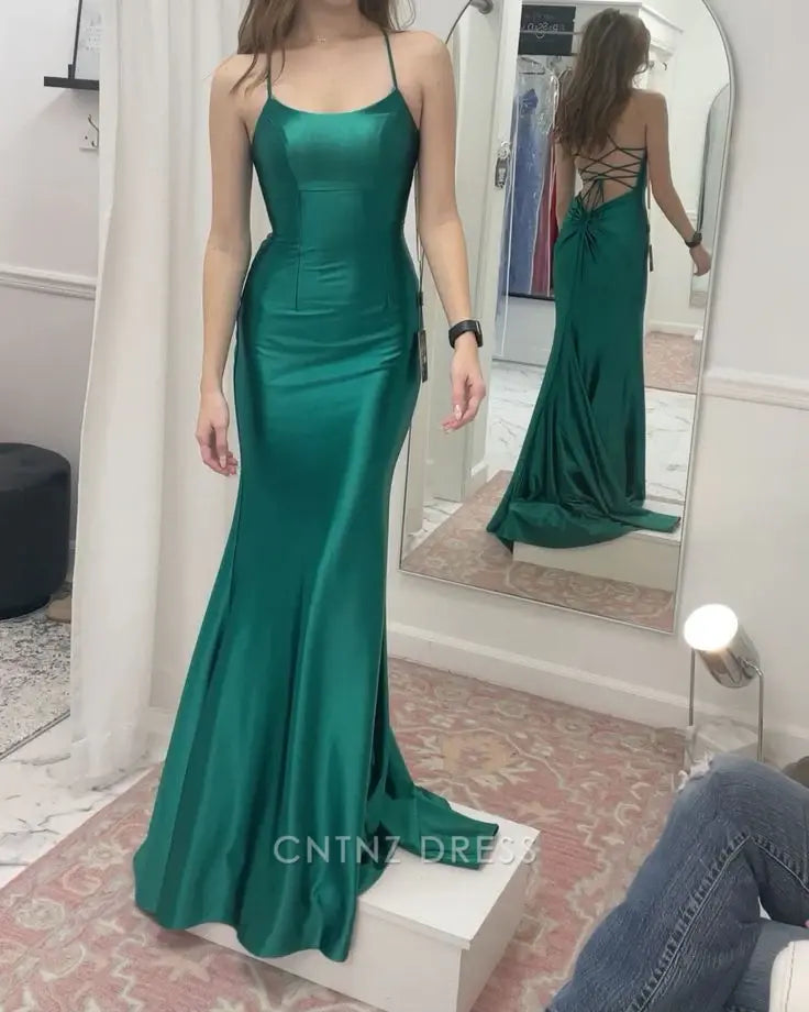 Wholesa Mermaid Spaghetti Straps Backless Green formal dresses Bridesmaid Dresses evening gown Prom Dress