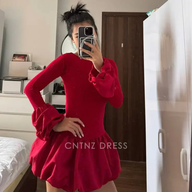 Wholesa A Line Crew Neck Red Long Sleeves formal dresses Bridesmaid Dresses evening gown Prom Dress Homecoming Dress