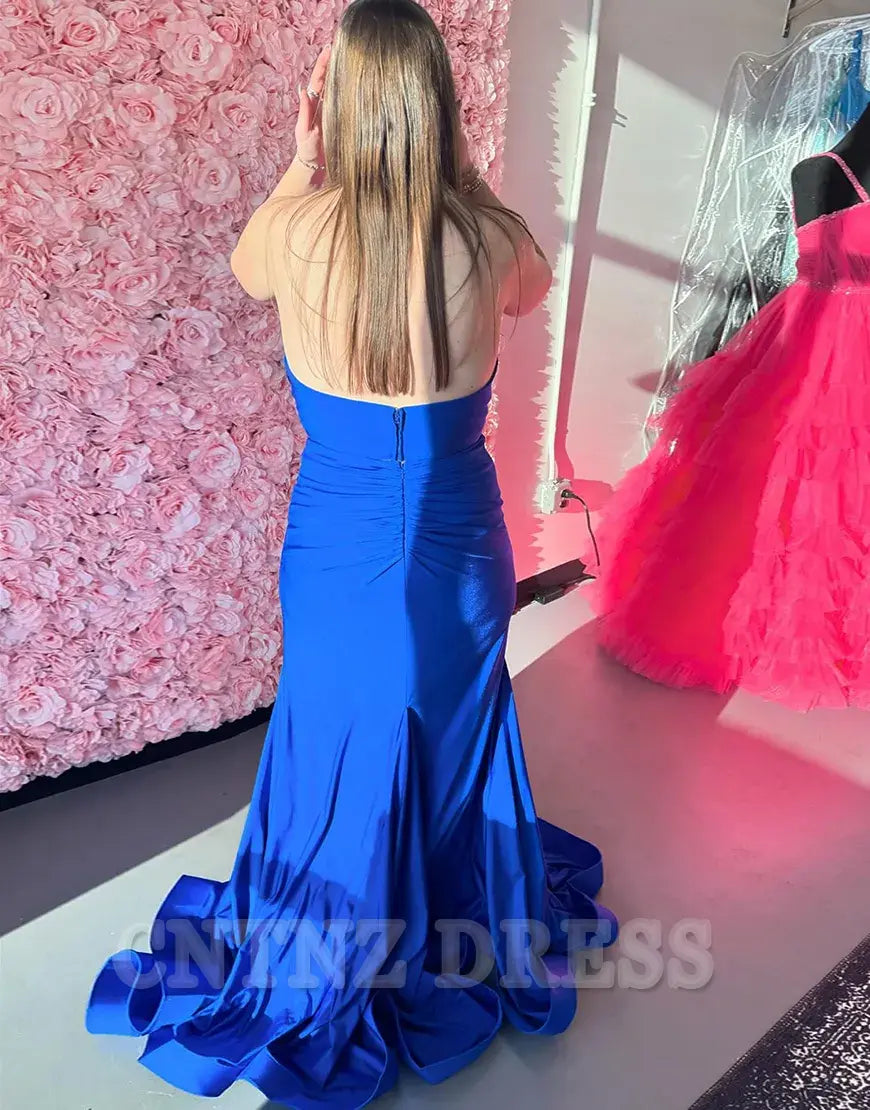 Wholesa Mermaid Halter V-Neck Satin Royal Blue Long formal dresses Bridesmaid Dresses evening gown Prom Dress with Slit