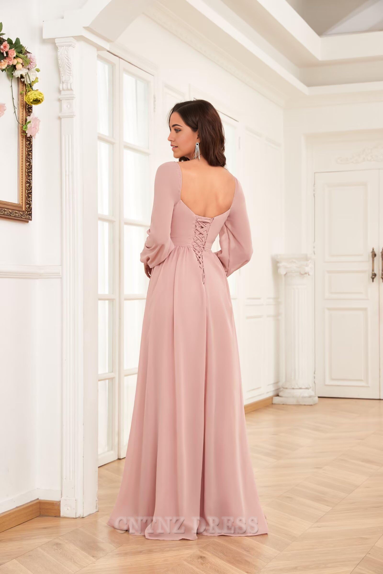 Wholesa A-line Long Sleeve Pleated Chiffon formal dresses Bridesmaid Dresses evening gown Prom Dress with Slit