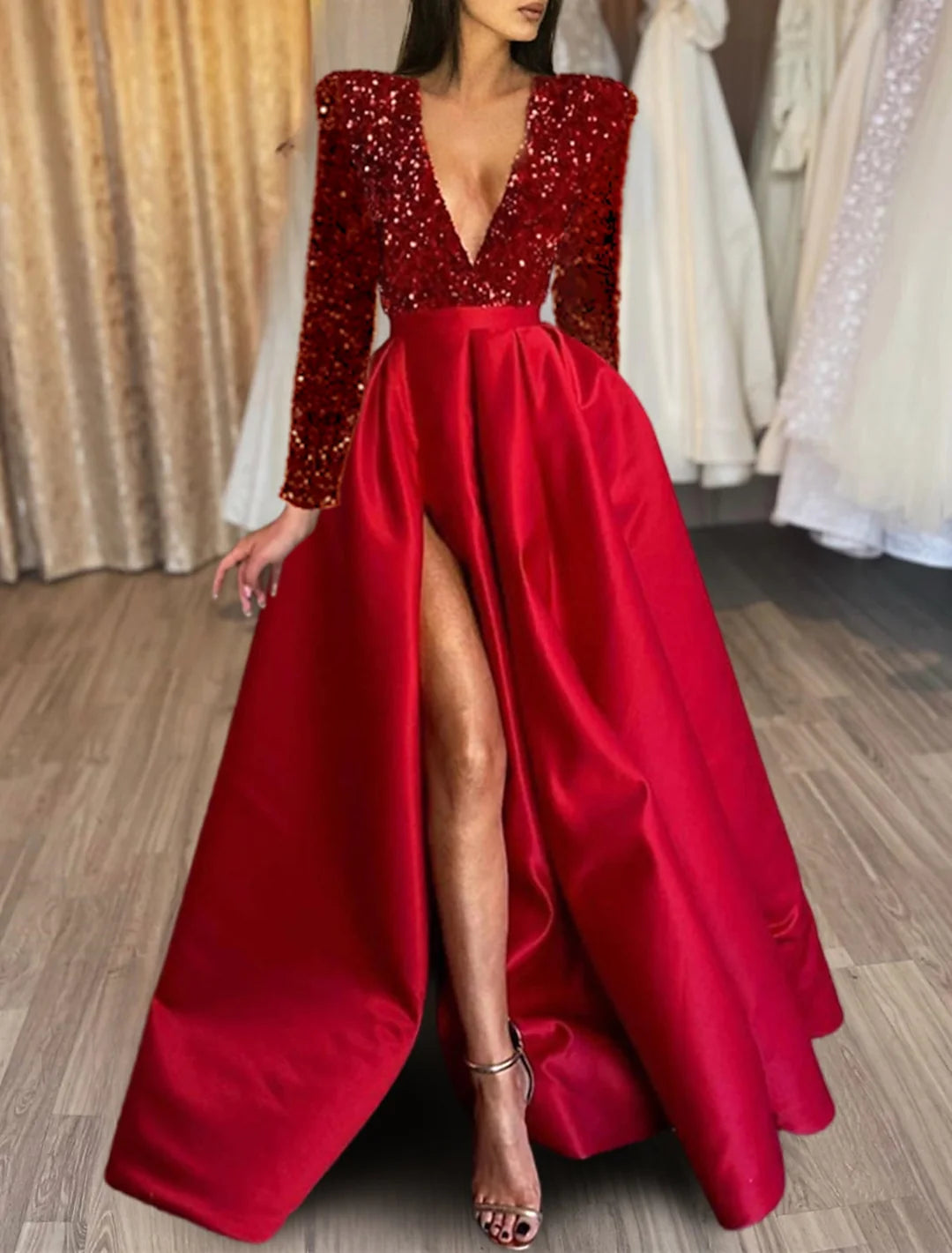 Wholesa A-Line Sequins V Neck Long Prom Dresses