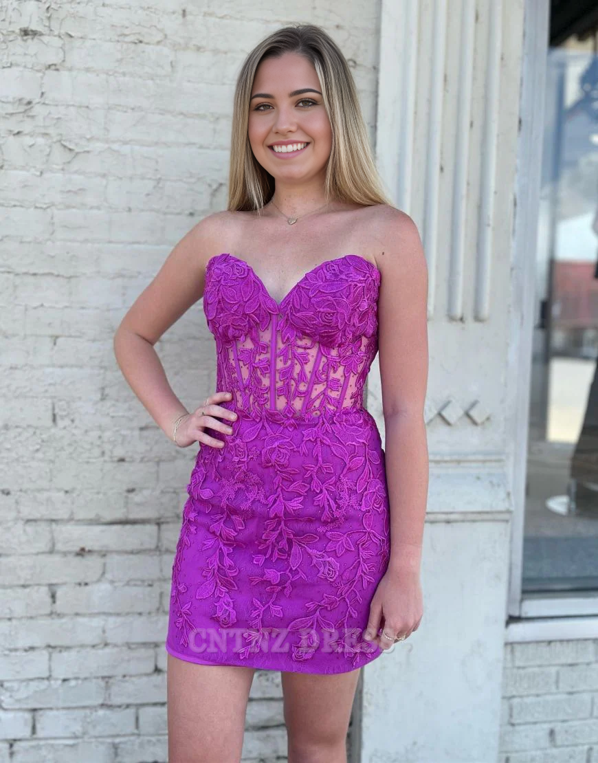 Wholesa Sheath Sweetheart Bodycon Lace Fuchsia Homecoming Dress formal dresses Bridesmaid Dresses evening gown Prom Dress