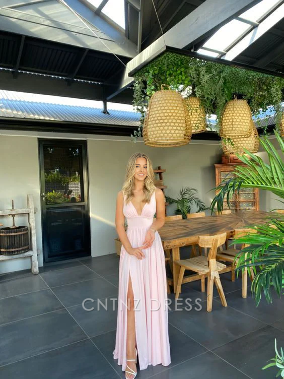 Wholesa A-line V-Neck Chiffon Open Back Pink formal dresses Bridesmaid Dresses evening gown Prom Dress