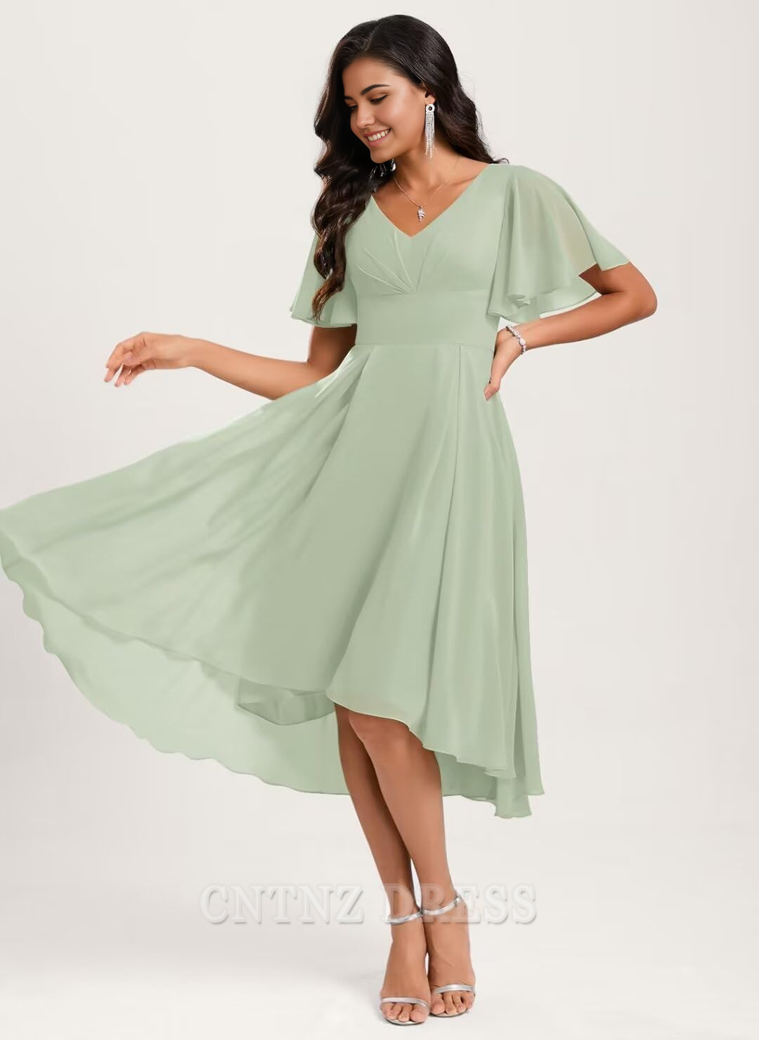 Wholesa A-Line V Neck Short Sleeve Asymmetrical Chiffon formal dresses Bridesmaid Dresses evening gown Prom Dress