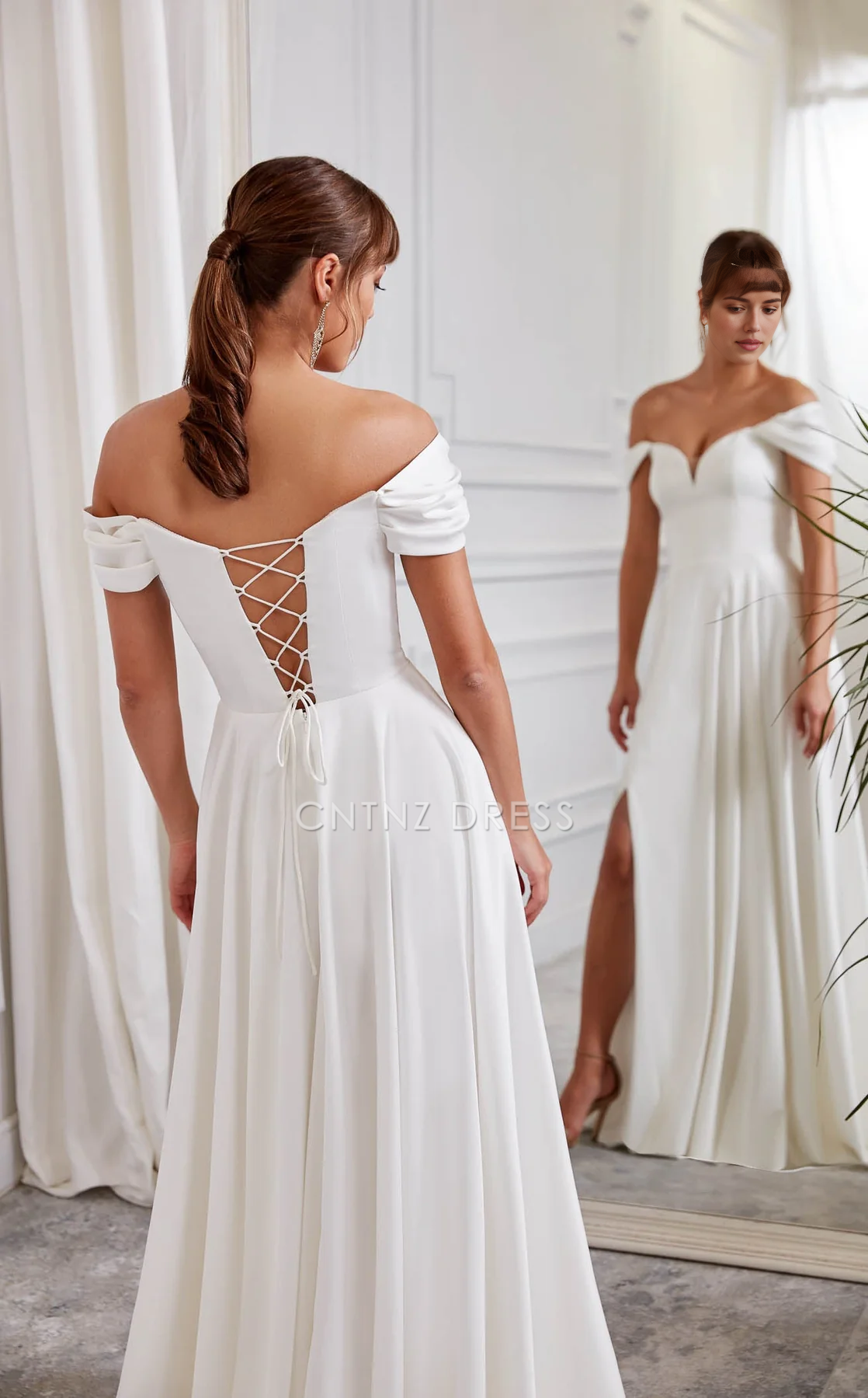 CNTNZ DRESS Elegant A Line Off-Shoulder Sweetheart Mesh Neckline Side Fork Plunging Fit-And-Flare Hot Sale Wedding Dress