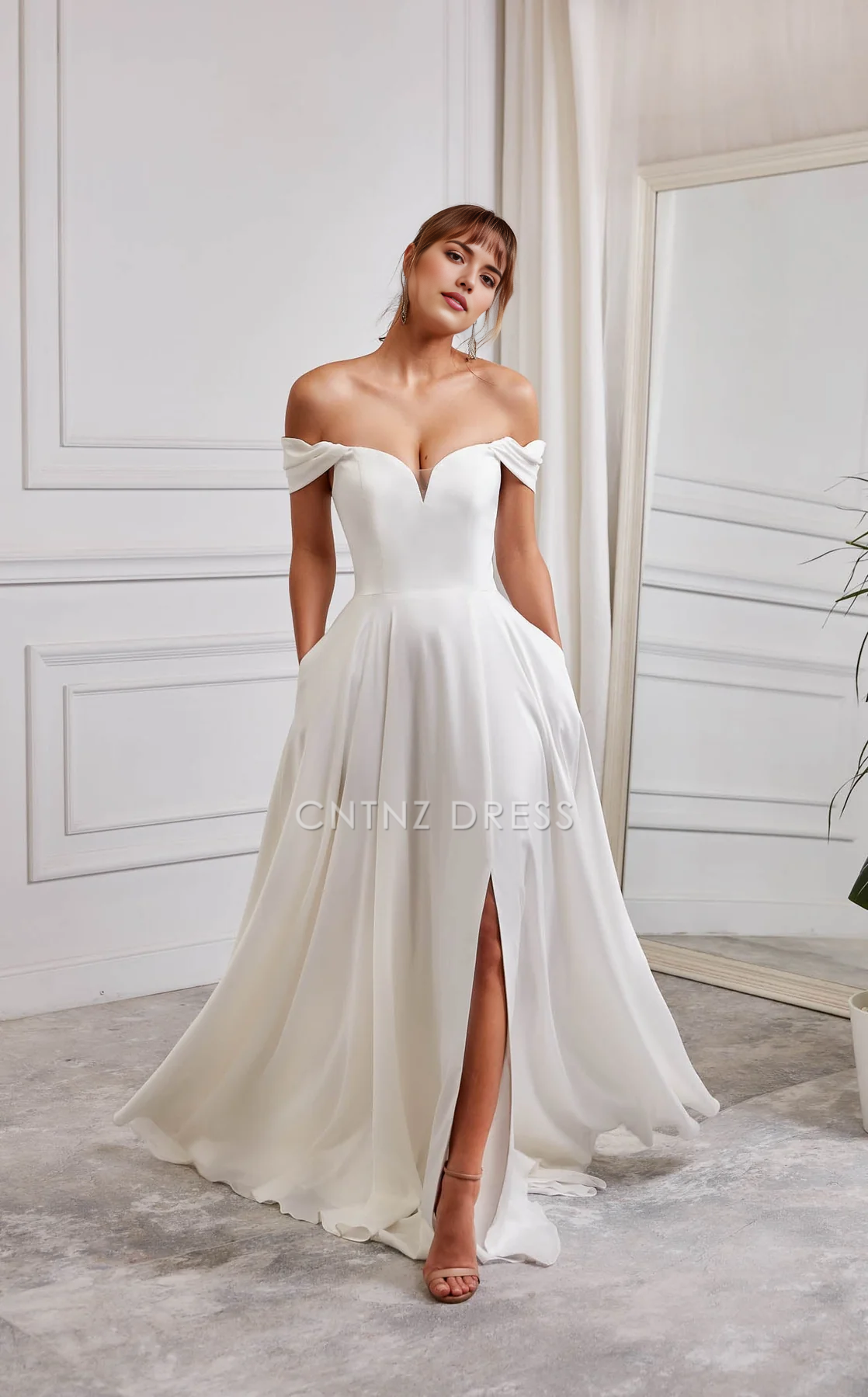 CNTNZ DRESS Elegant A Line Off-Shoulder Sweetheart Mesh Neckline Side Fork Plunging Fit-And-Flare Hot Sale Wedding Dress