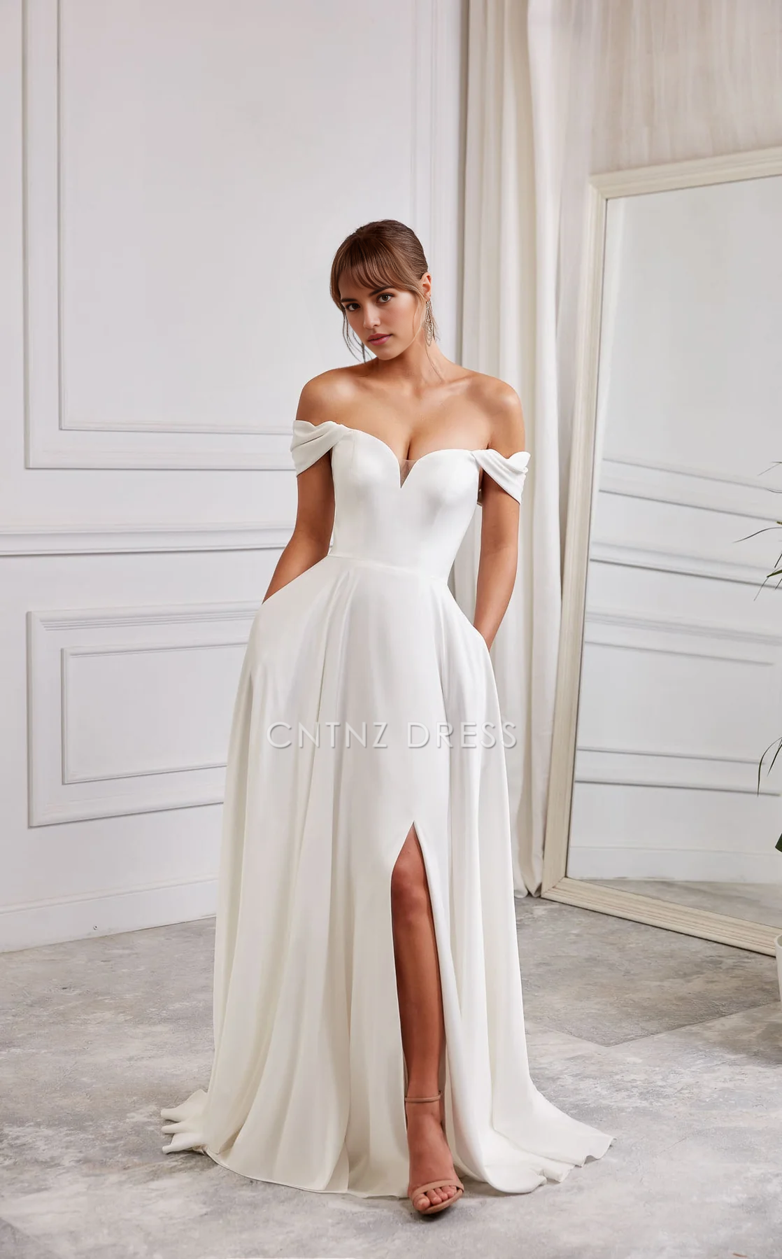 CNTNZ DRESS Elegant A Line Off-Shoulder Sweetheart Mesh Neckline Side Fork Plunging Fit-And-Flare Hot Sale Wedding Dress