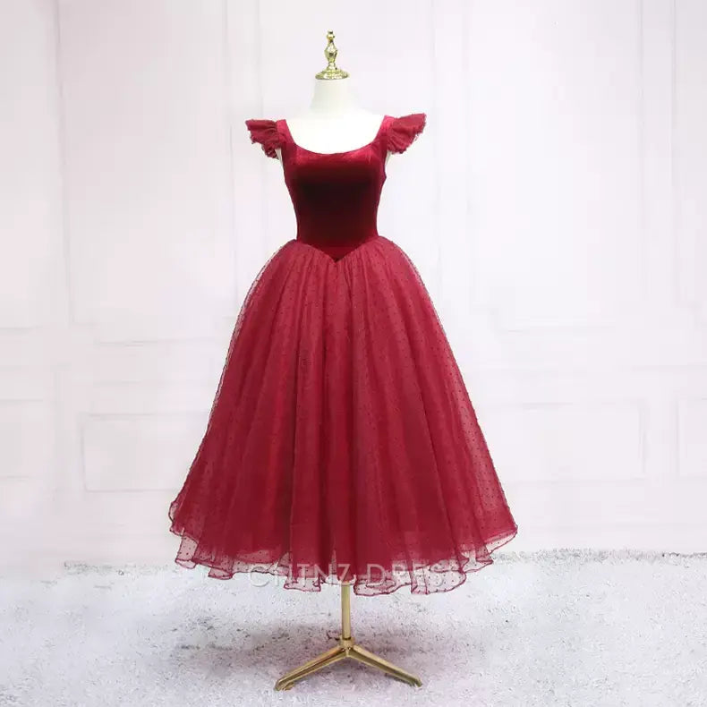 Wholesa A-line Tea Length Burgundy formal dresses Bridesmaid Dresses evening gown Prom Dress
