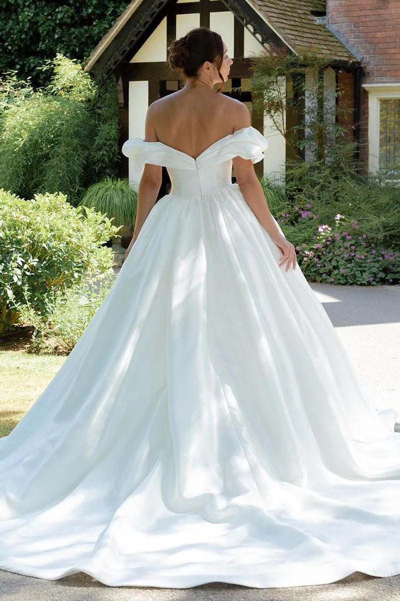 Wholesa A-line Puff Off-the-Shoulder V Neck Sweeping Long Wedding Dress