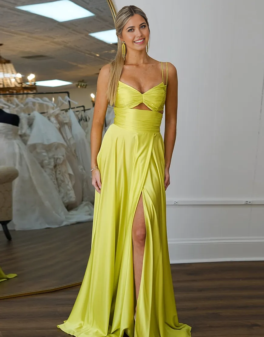 Wholesa A-Line Double Spaghetti Straps Hollow Out Yellow Long formal dresses evening gown Prom Dress with Slit