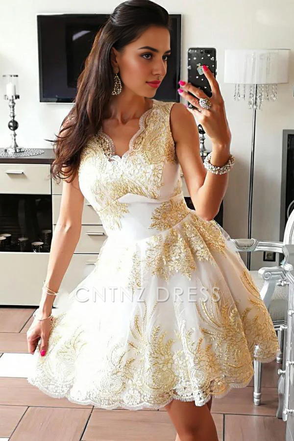 CNTNZ DRESS Hot Sale Short Prom Dress A-Line Cute V-Neck Sleeveless Tulle Exquisite Appliques Homecoming Dress