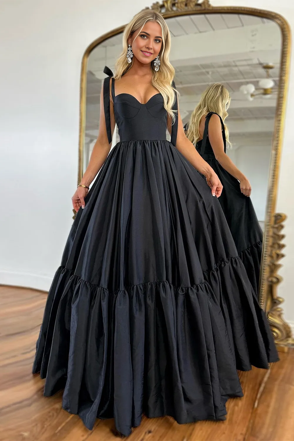 Wholesa A-Line Sweet Princess Tie Straps Satin Black Long formal dresses evening gown Prom Dress