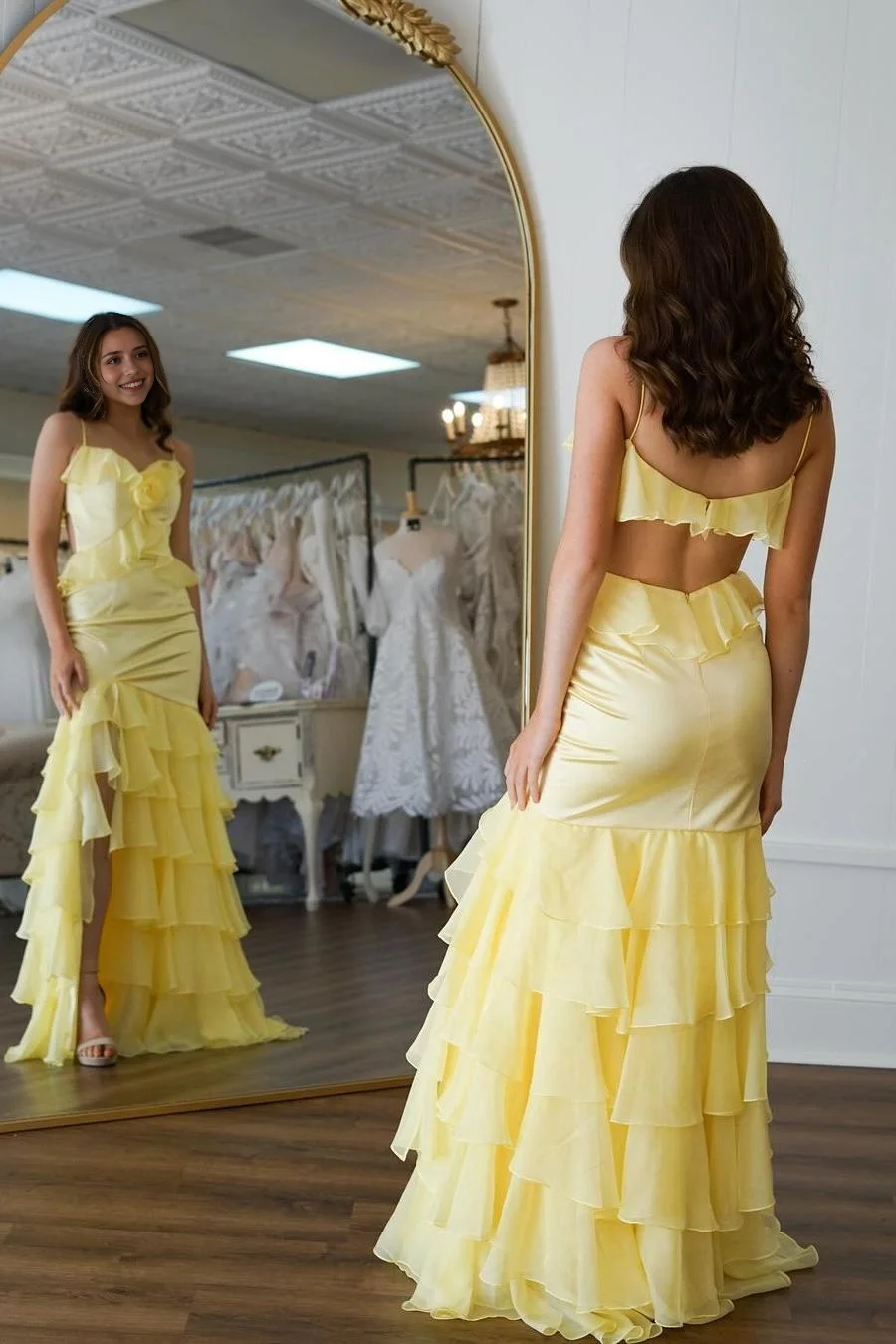 Mermaid V Neck Spaghetti Strap Sleeveless Backless With Layered Ruffles Side Fork Chic Evening Gowns Cute Long Prom Dress