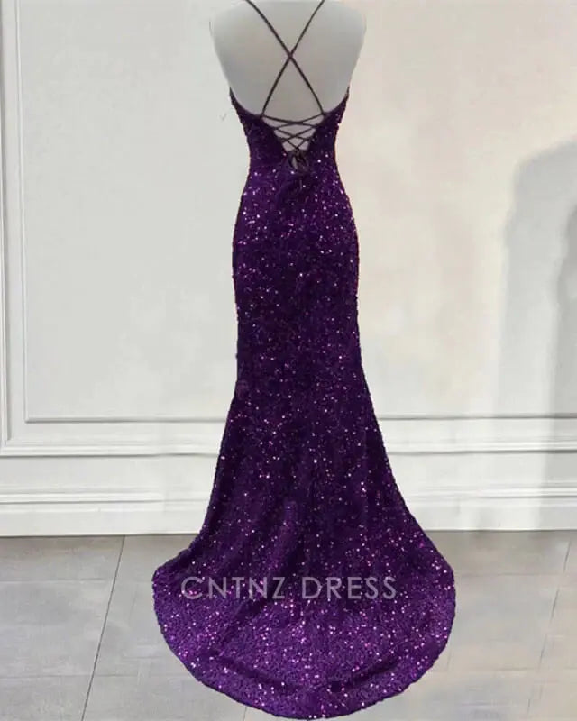 Wholesa Mermaid V-Neck Sequin Dark Purple formal dresses Bridesmaid Dresses evening gown Prom Dress With Slit