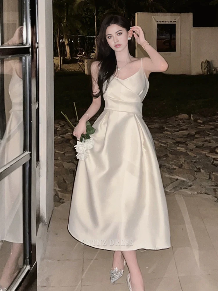 Wholesa A Line Spaghetti Straps Satin Ivory Sleeveless Vintage formal dresses Bridesmaid Dresses evening gown Prom Dress