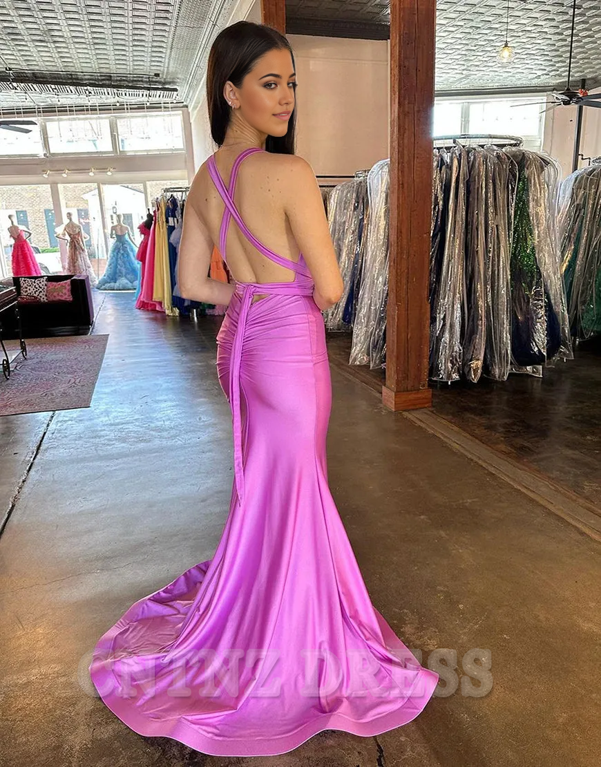 Wholesa Sheath Deep V-Neck Cross Backless Long Satin formal dresses evening gown Prom Dress With Split