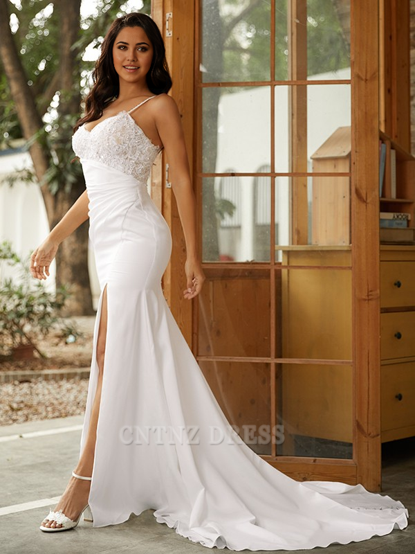 Wholesa Mermaid V-neck Spaghetti Straps Sleeveless Lace Train formal dresses evening gown Prom Dress Wedding Dresses