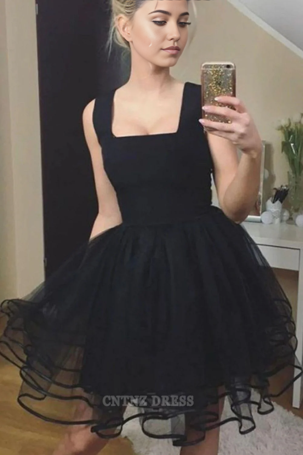 Wholesa A-line Square Neck Ruffle Black Homecoming Dress formal dresses Bridesmaid Dresses evening gown Prom Dress