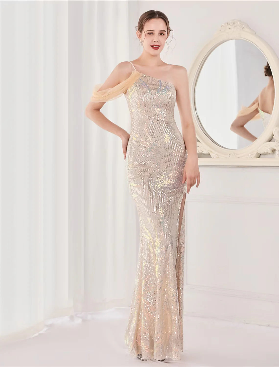Wholesa Mermaid / Trumpet Evening Gown Elegant Dress Wedding Guest Floor Length Sleeveless Spaghetti Strap Sequined V Back with Sequin Slit