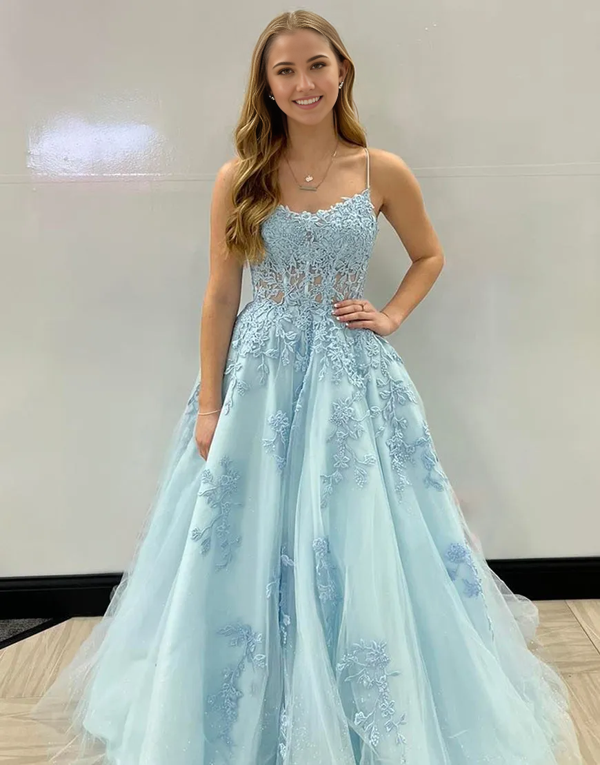 Wholesa A-Line Spaghetti Straps Corset Back long formal dresses evening gown Prom Dress With Appliques